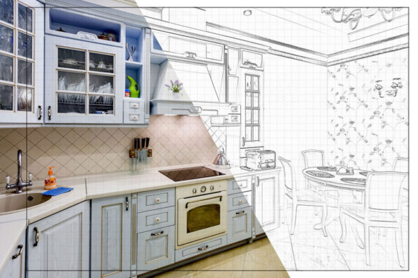 split screen of drawing and photo of interior of modern kitchen